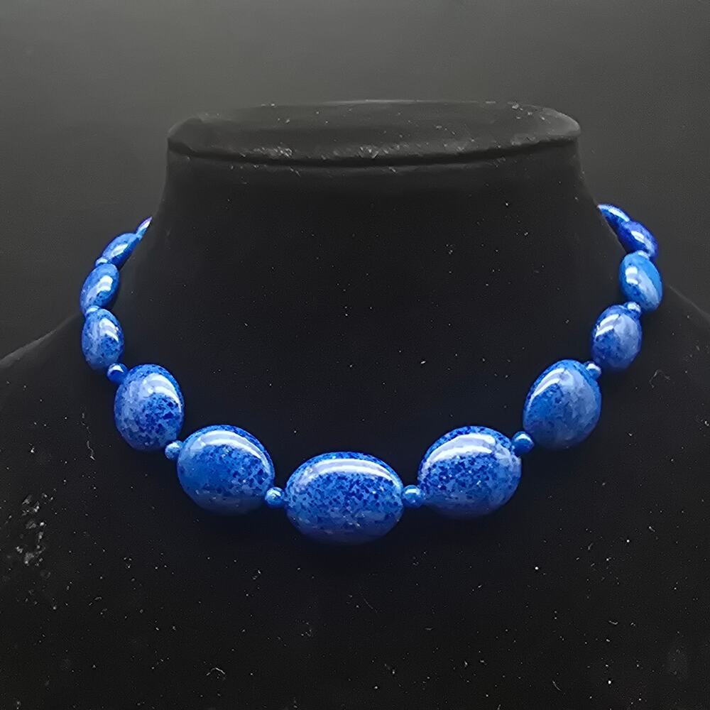 Vintage Blue Mottled Czech Glass Necklace Oval Beads Peking Glass